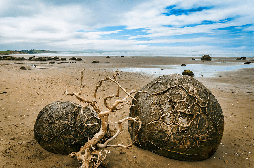 The Moeraki Boulders (Dragon Eggs) at New Zealand’s Koekohe Beach